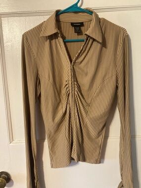 Express Beige Pinstripe Ruched-Front Button Down Shirt